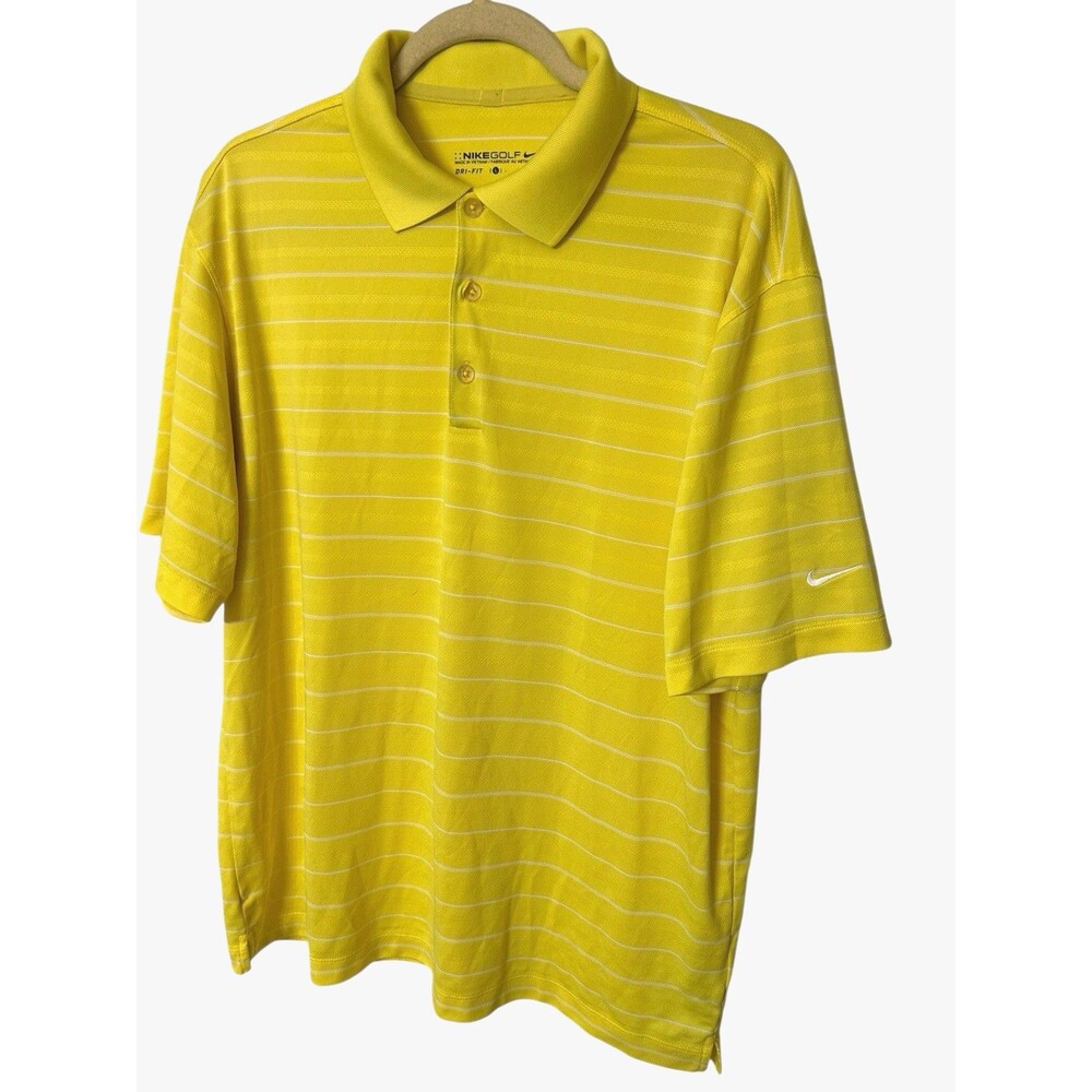 Nike Golf Dri Fit Mens Size L Yellow Stripe Perform Polo Shirt Logo Short Sleeve - Picture 2 of 6